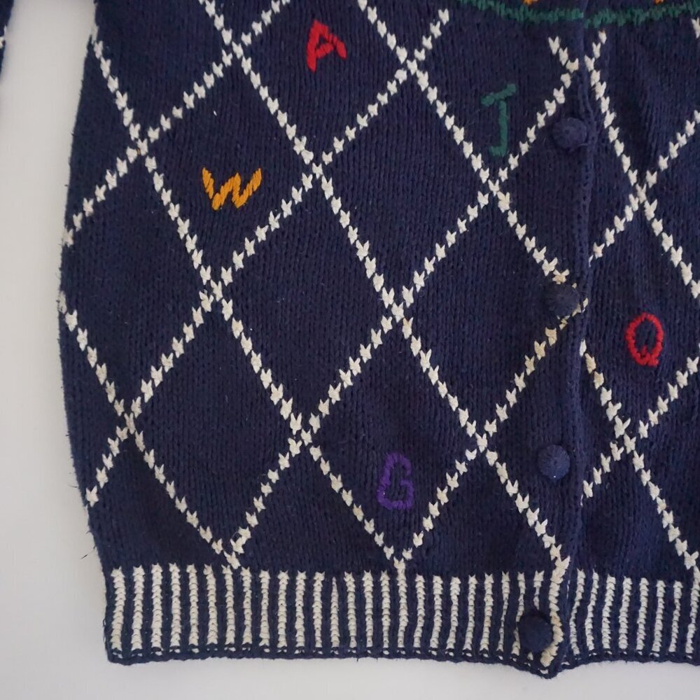 Vintage Cape Isle Knitters Navy Apple Numbers Cotton Hand Knit Blue Cardigan M - Picture 6 of 10
